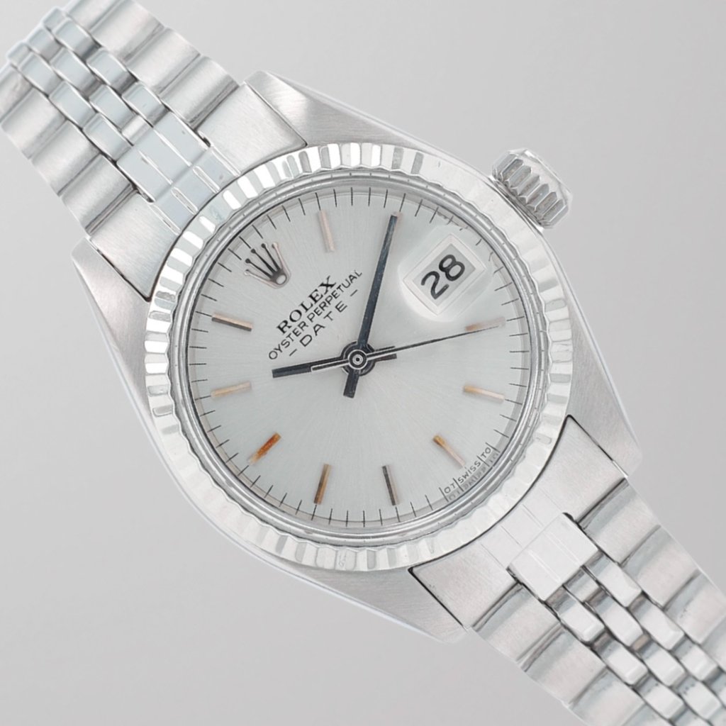 Rolex Ladies Date 26mm Steel Silver Index Dial Fluted Bezel Jubilee Watch 6917